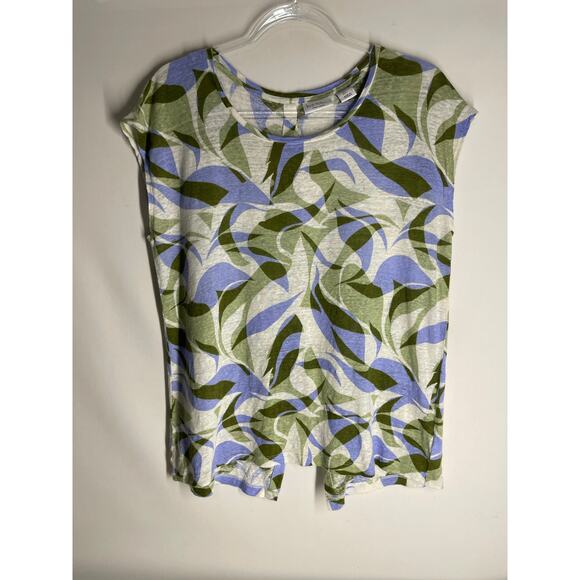 Nicole Miller 100% Linen Abstract Leaf Print Button Fly Away Back T-shirt Large - Picture 1 of 3